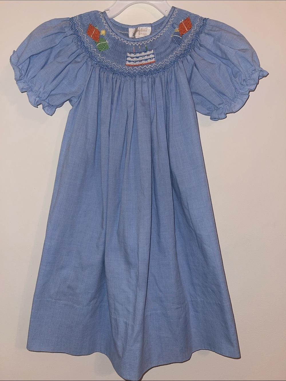 Hand-Smocked Light Blue Puff-Sleeve Nightgown with Cake Motif